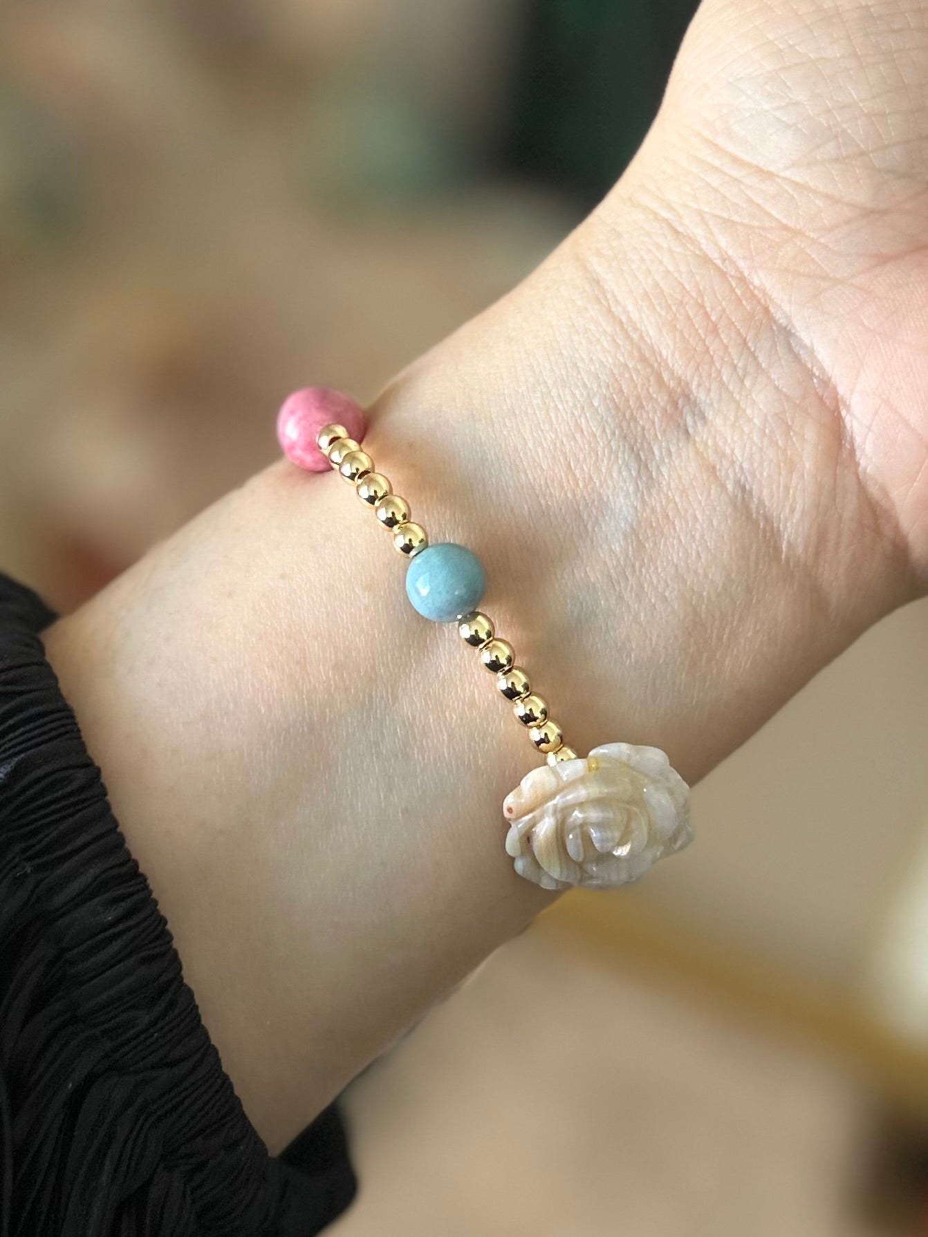 Rhodonite, Trolleite, Carved Agate flowers bracelet