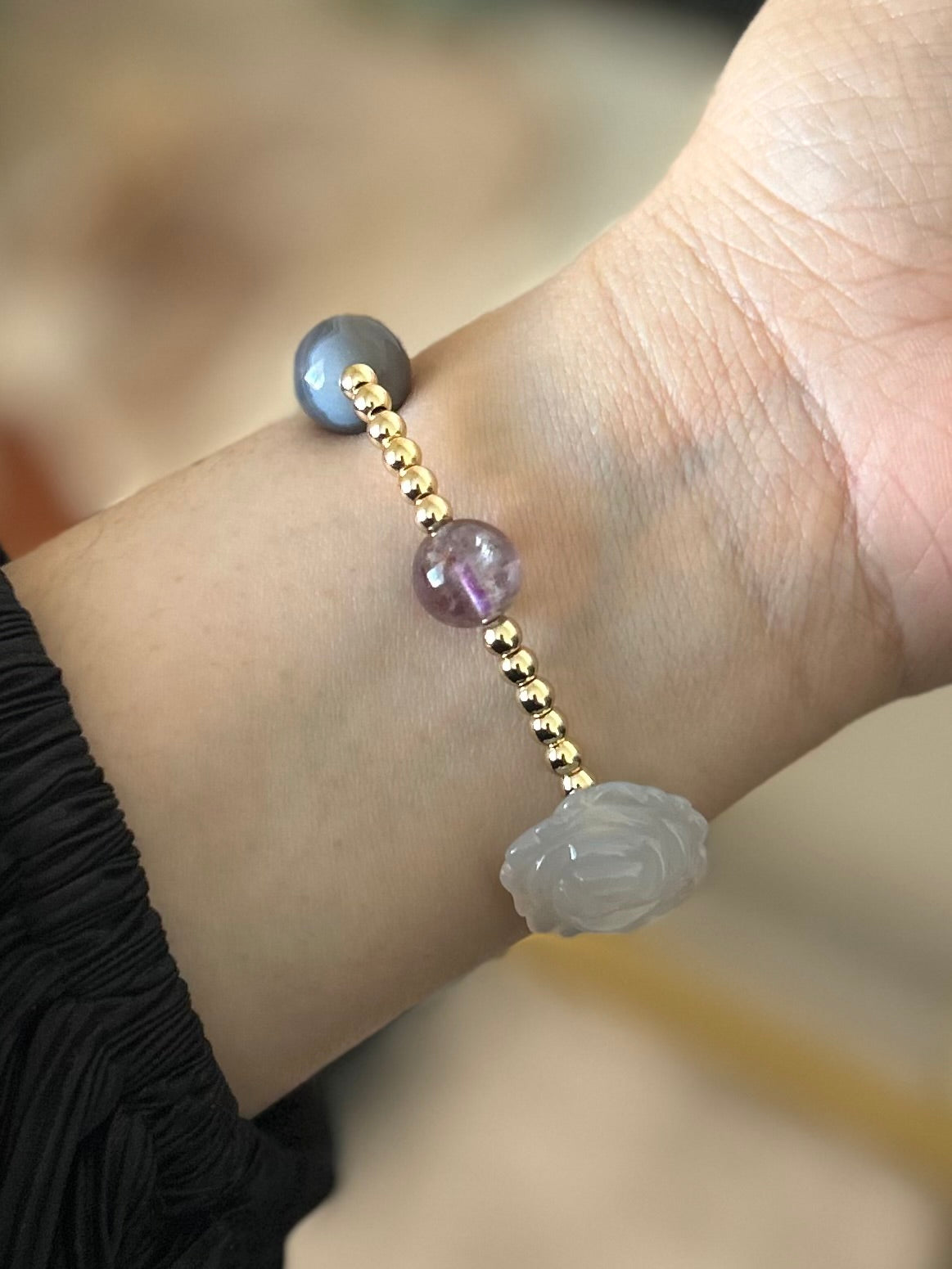 Amethyst, Botswana Agate, Carved Agate flowers bracelet