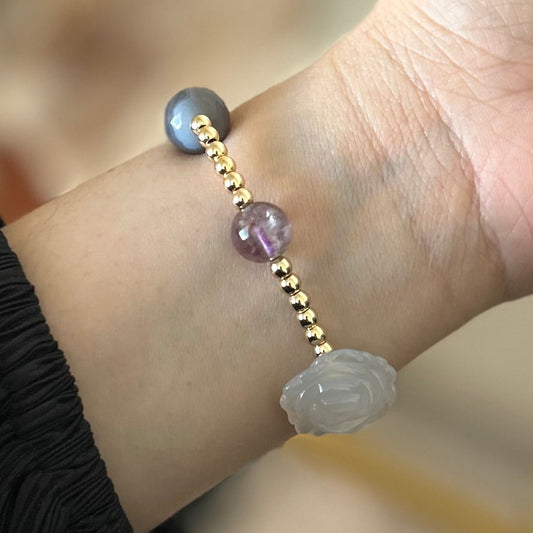 Amethyst, Botswana Agate, Carved Agate flowers bracelet
