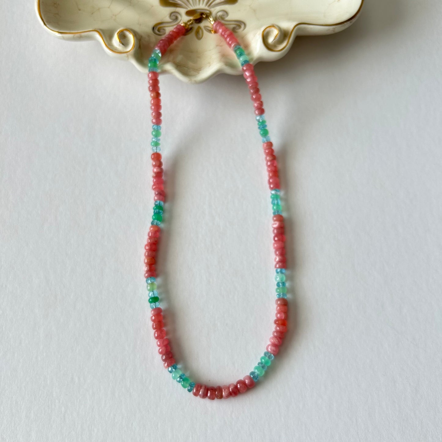 Rhodochrosite, Apatite, Chrysoprase necklace