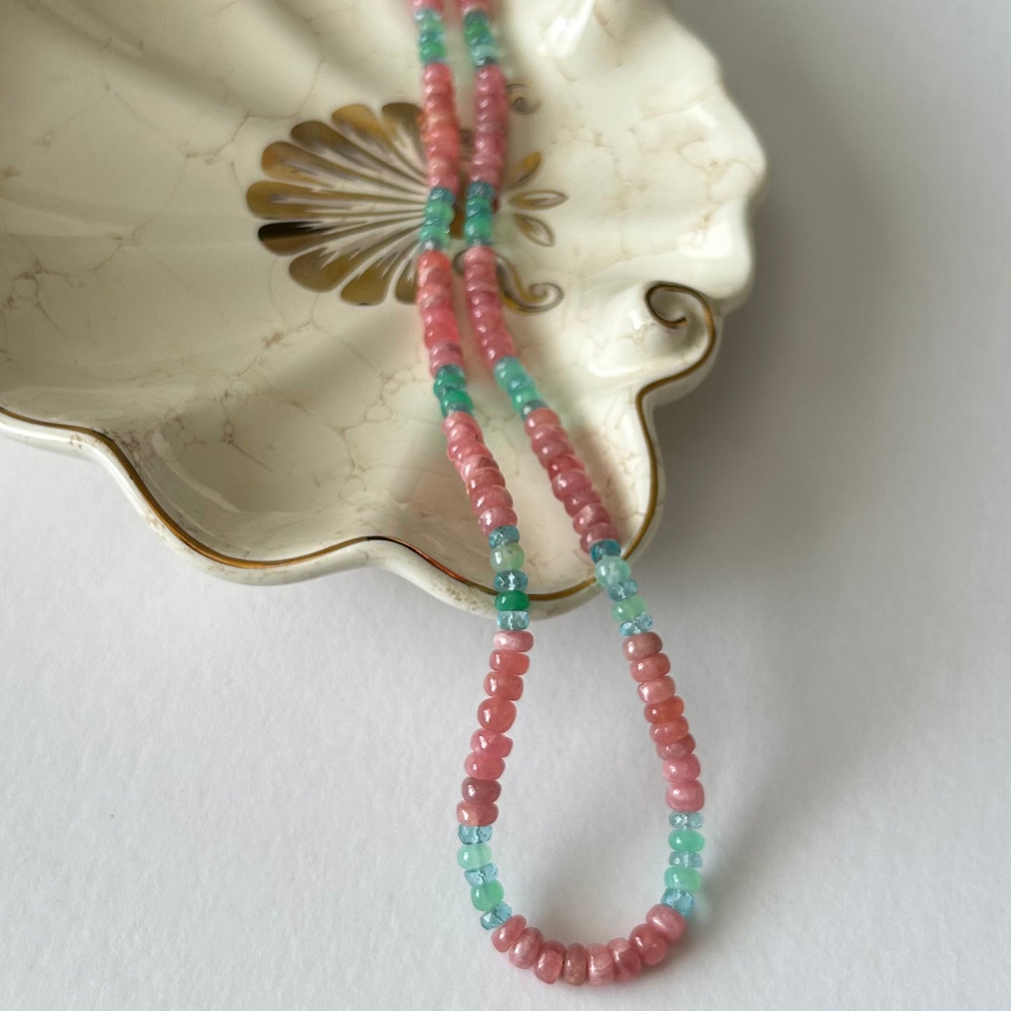 Rhodochrosite, Apatite, Chrysoprase necklace