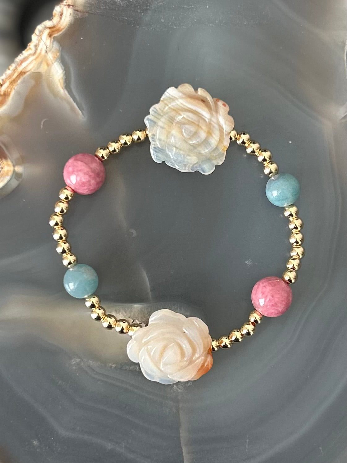 Rhodonite, Trolleite, Carved Agate flowers bracelet