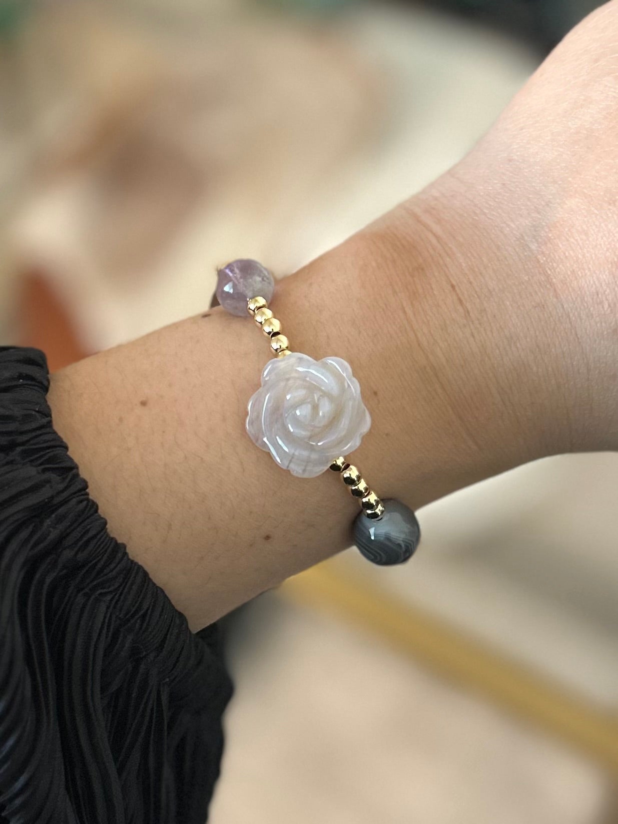 Amethyst, Botswana Agate, Carved Agate flowers bracelet