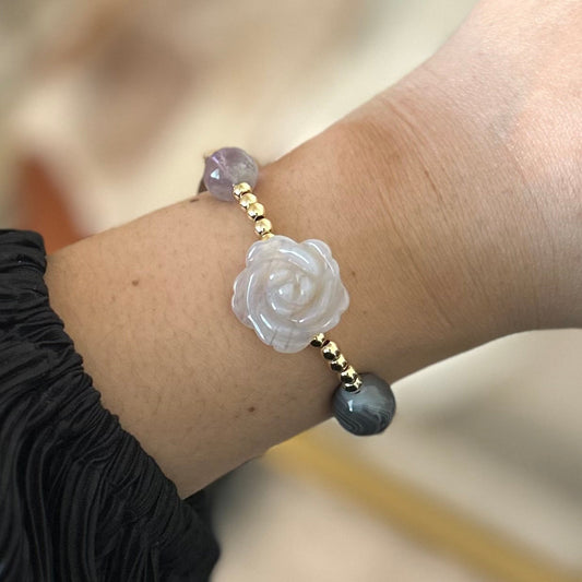 Amethyst, Botswana Agate, Carved Agate flowers bracelet