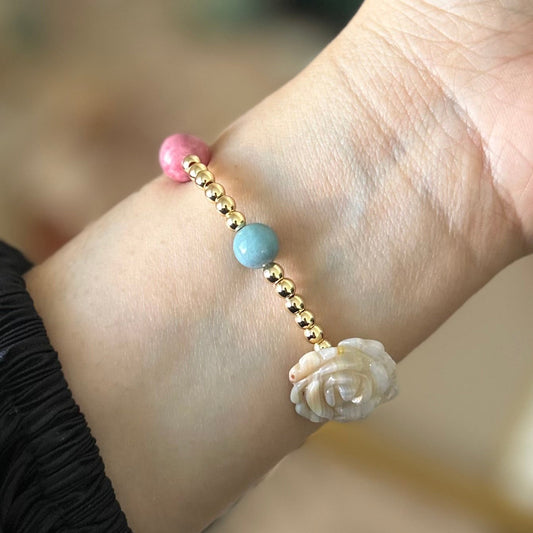 Rhodonite, Trolleite, Carved Agate flowers bracelet