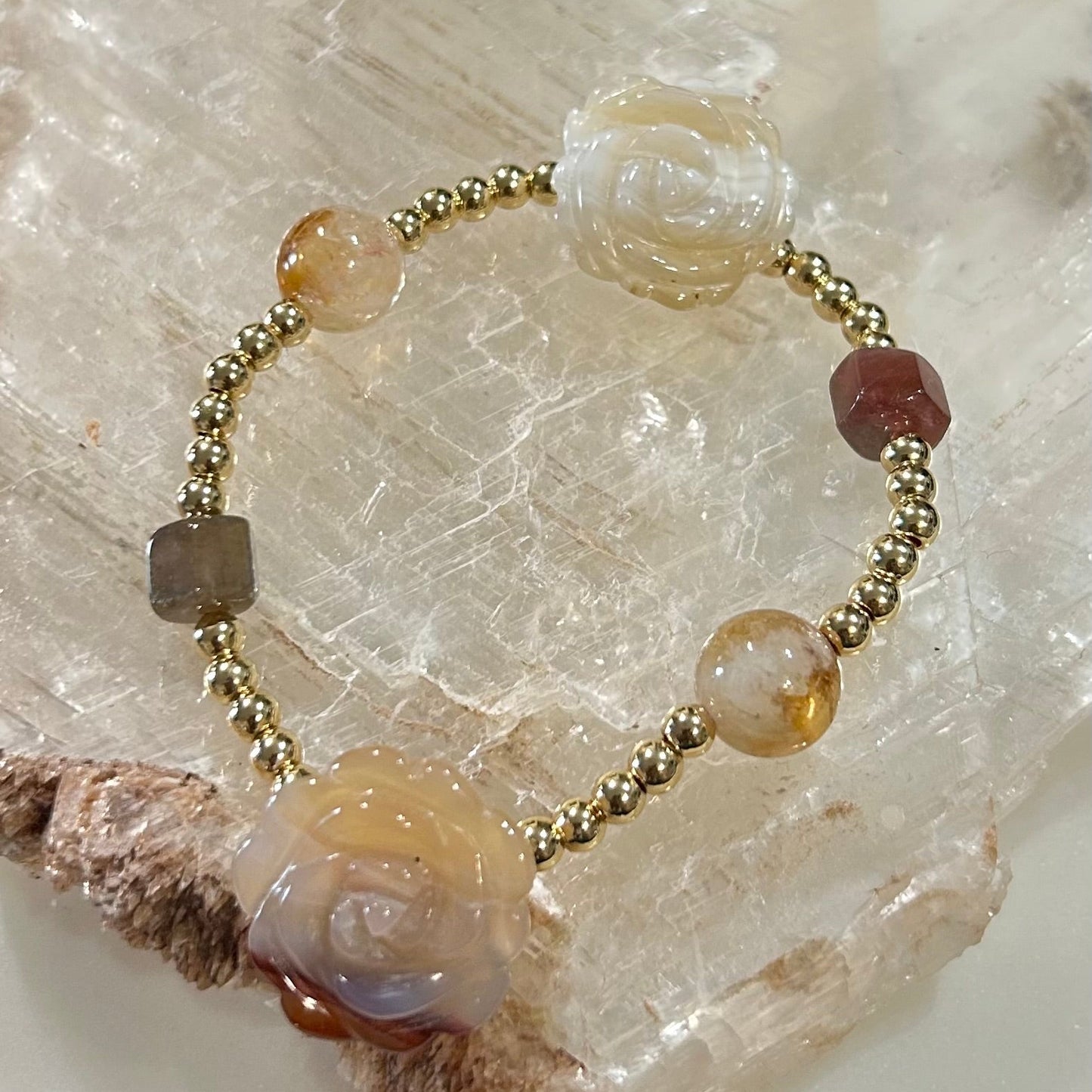 Tourmaline, Citrine, Carved Agate flowers bracelet