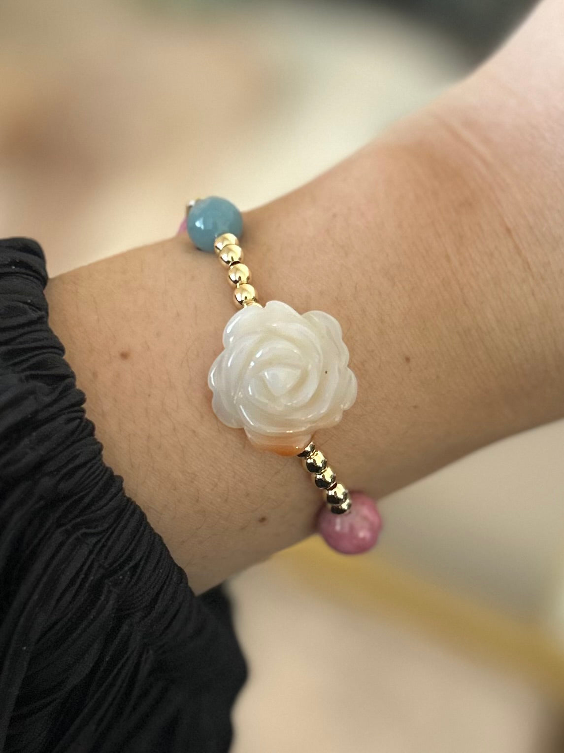 Rhodonite, Trolleite, Carved Agate flowers bracelet