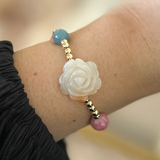 Rhodonite, Trolleite, Carved Agate flowers bracelet