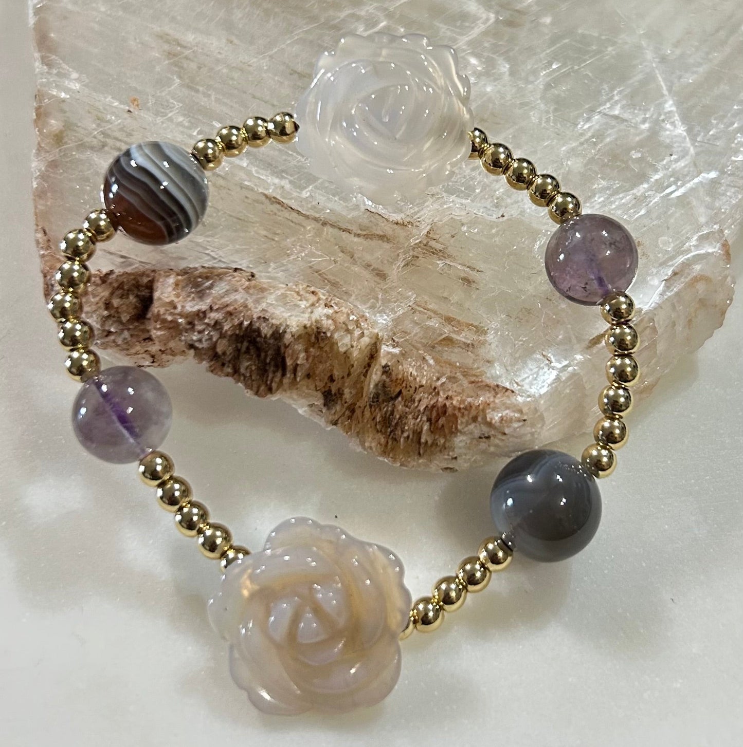Amethyst, Botswana Agate, Carved Agate flowers bracelet