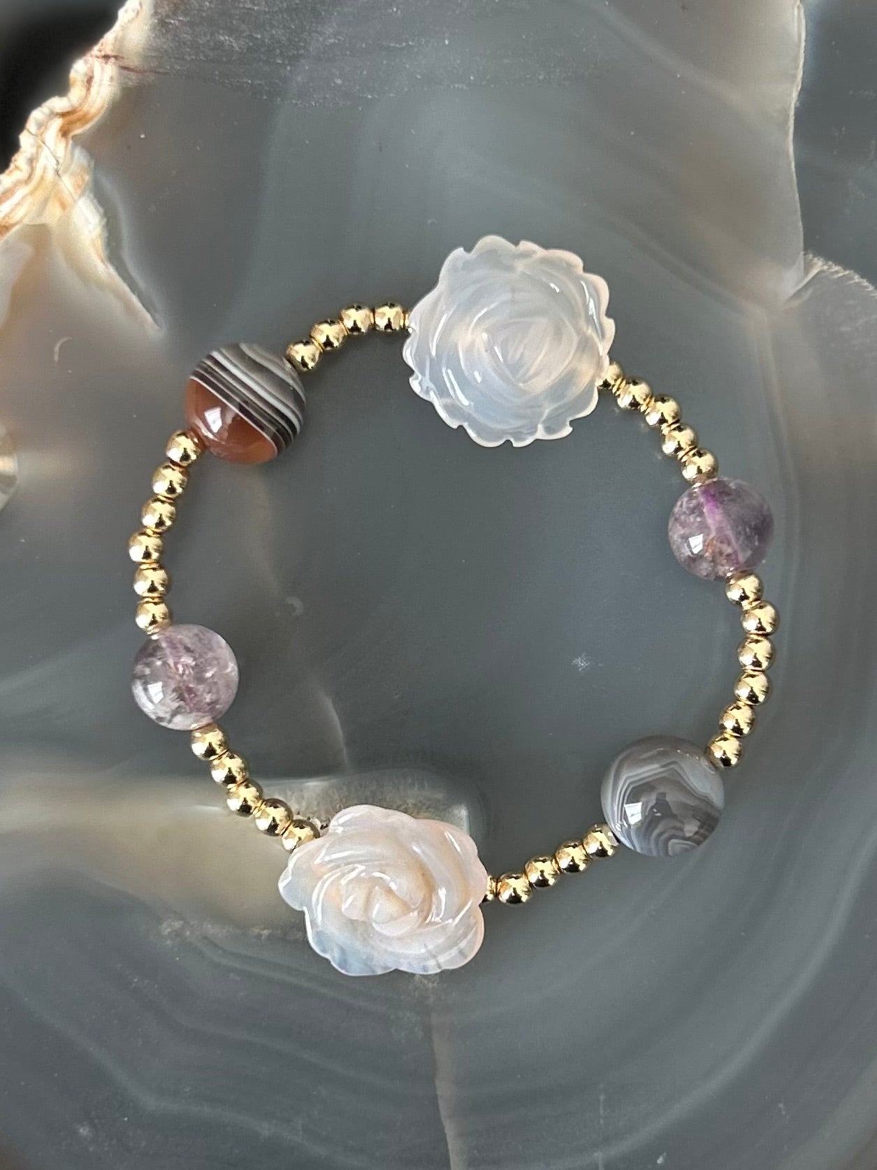 Amethyst, Botswana Agate, Carved Agate flowers bracelet