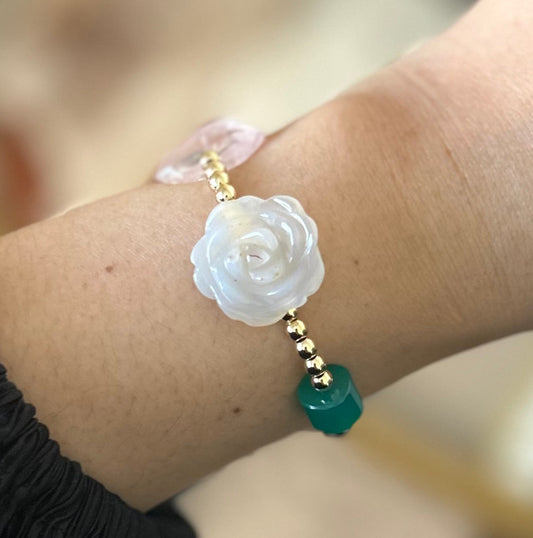 Rose Quartz, Green Onyx, Carved Agate flowers bracelet