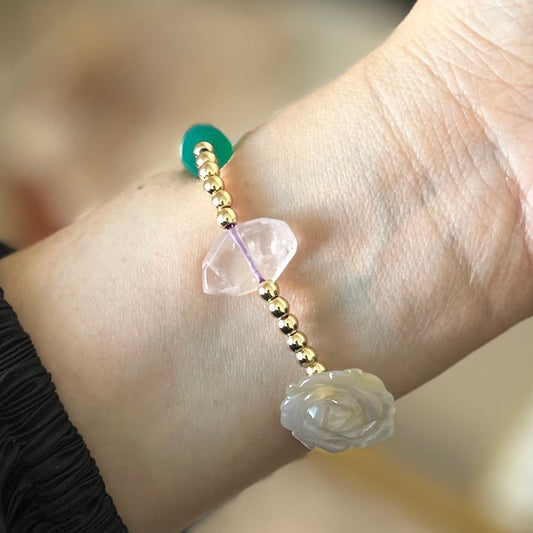 Rose Quartz, Green Onyx, Carved Agate flowers bracelet