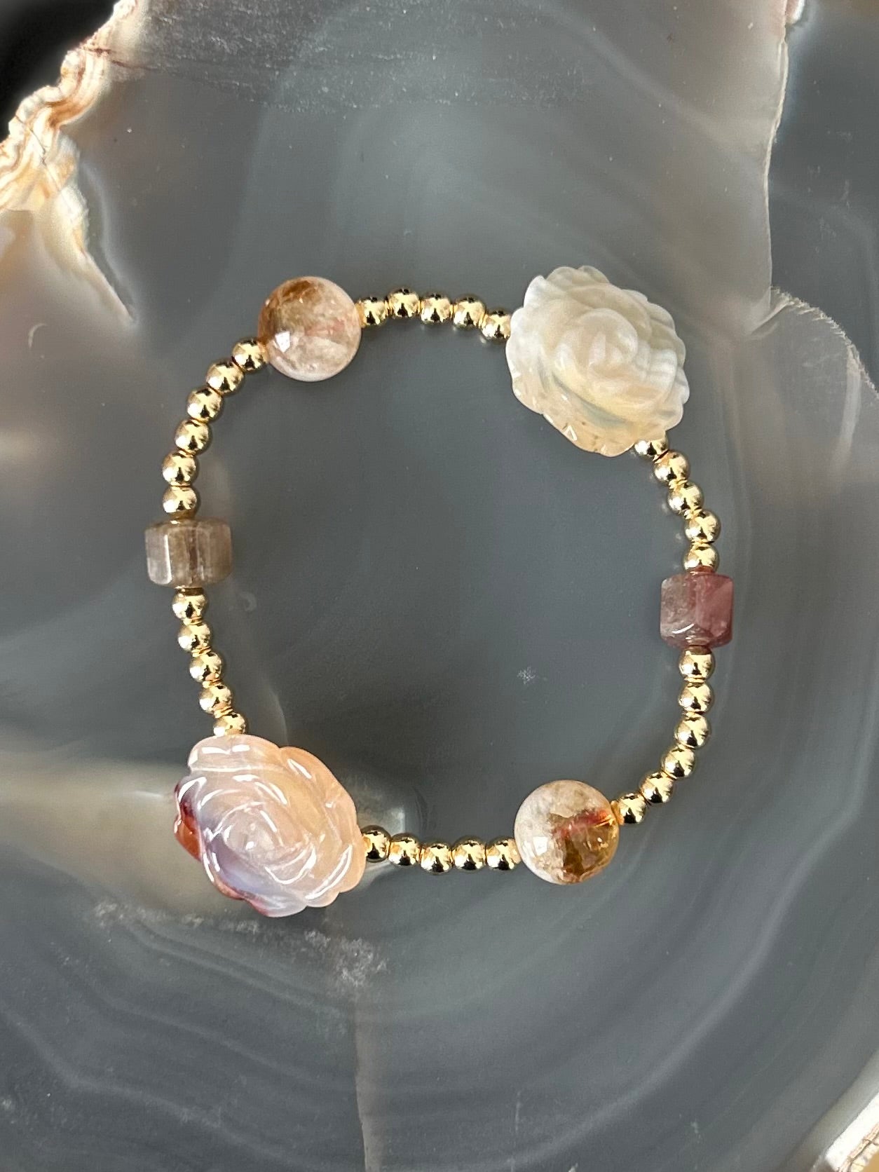 Tourmaline, Citrine, Carved Agate flowers bracelet