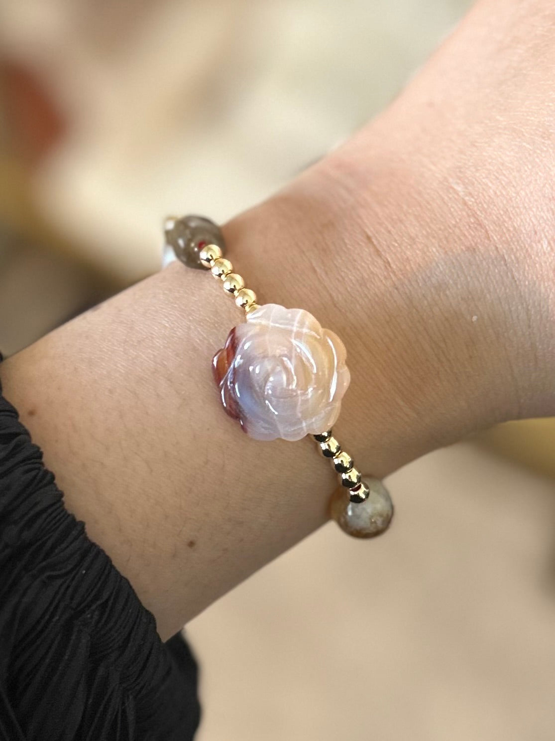 Tourmaline, Citrine, Carved Agate flowers bracelet