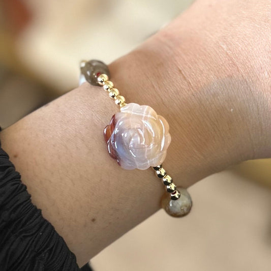 Tourmaline, Citrine, Carved Agate flowers bracelet