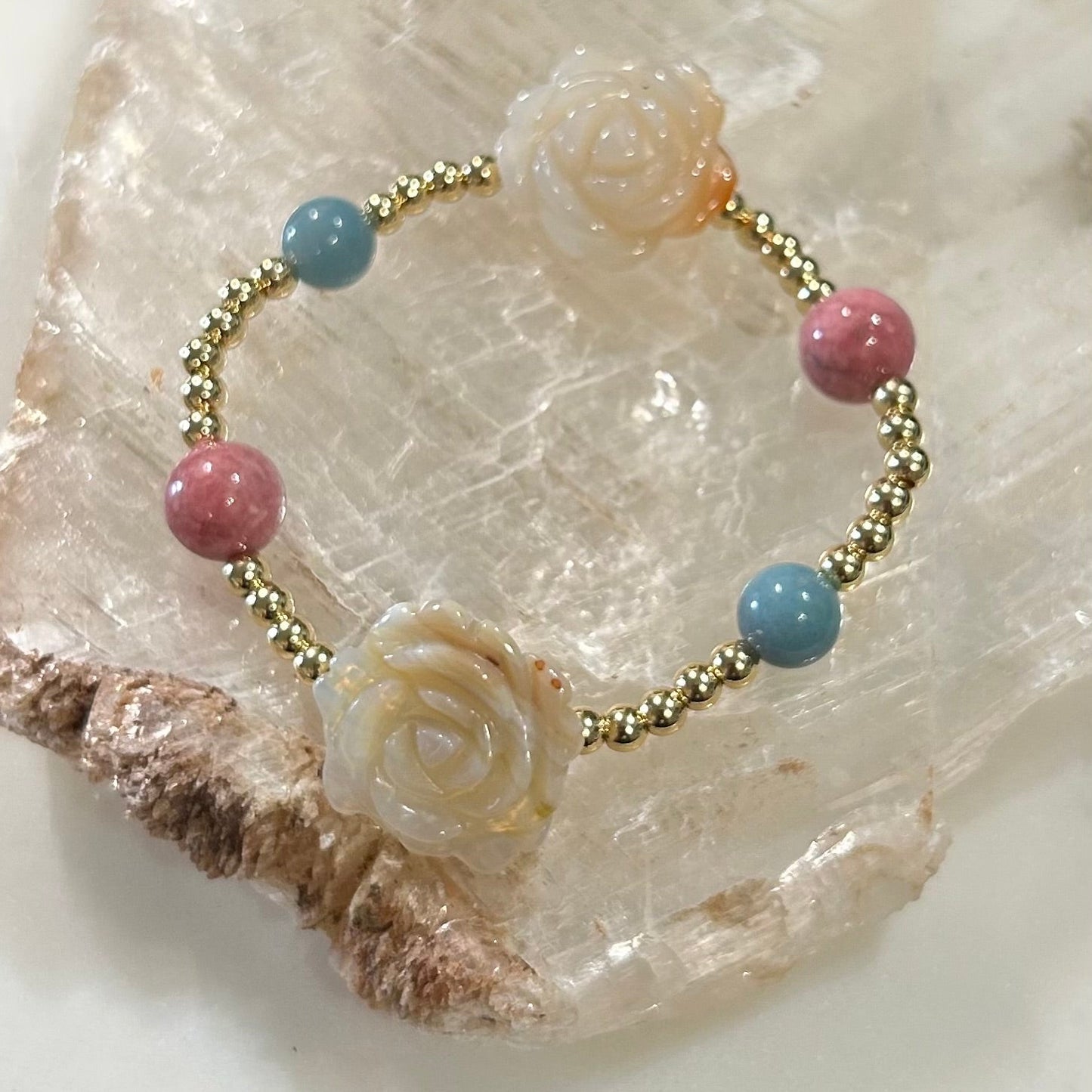 Rhodonite, Trolleite, Carved Agate flowers bracelet