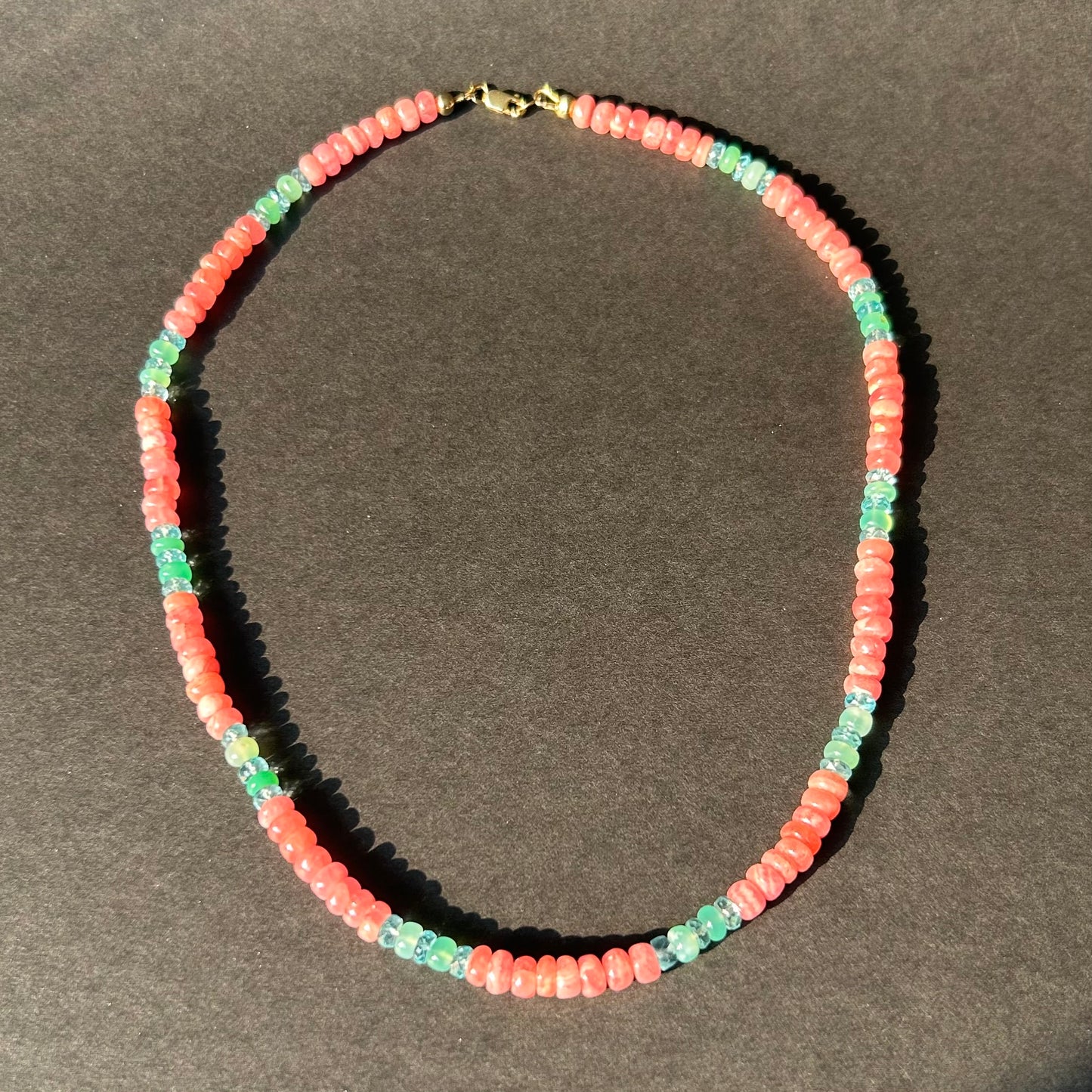 Rhodochrosite, Apatite, Chrysoprase necklace