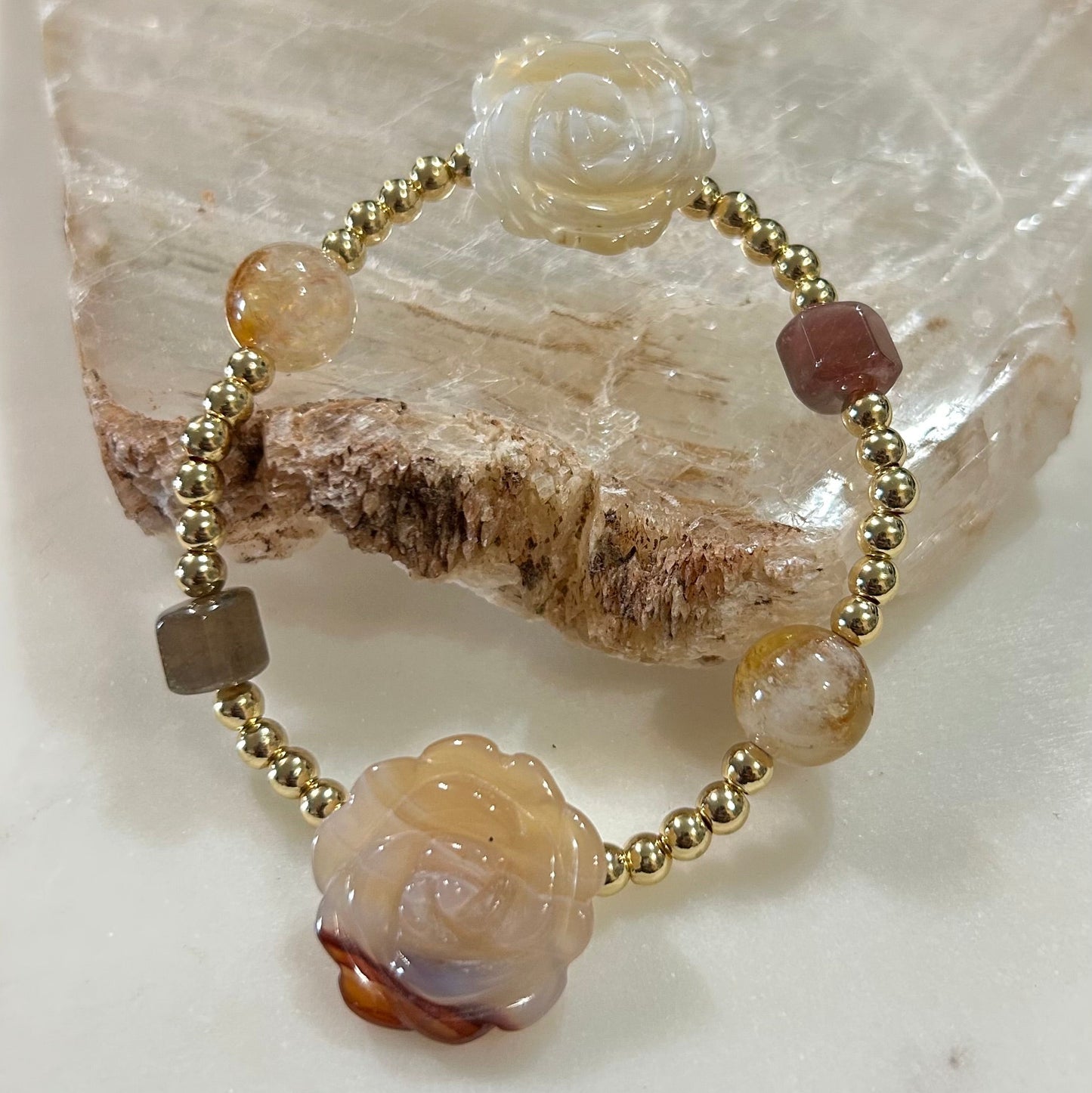 Tourmaline, Citrine, Carved Agate flowers bracelet