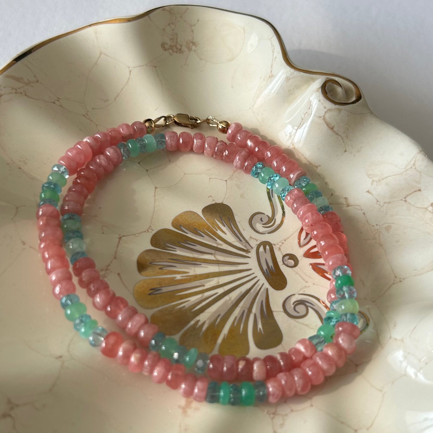 Rhodochrosite, Apatite, Chrysoprase necklace