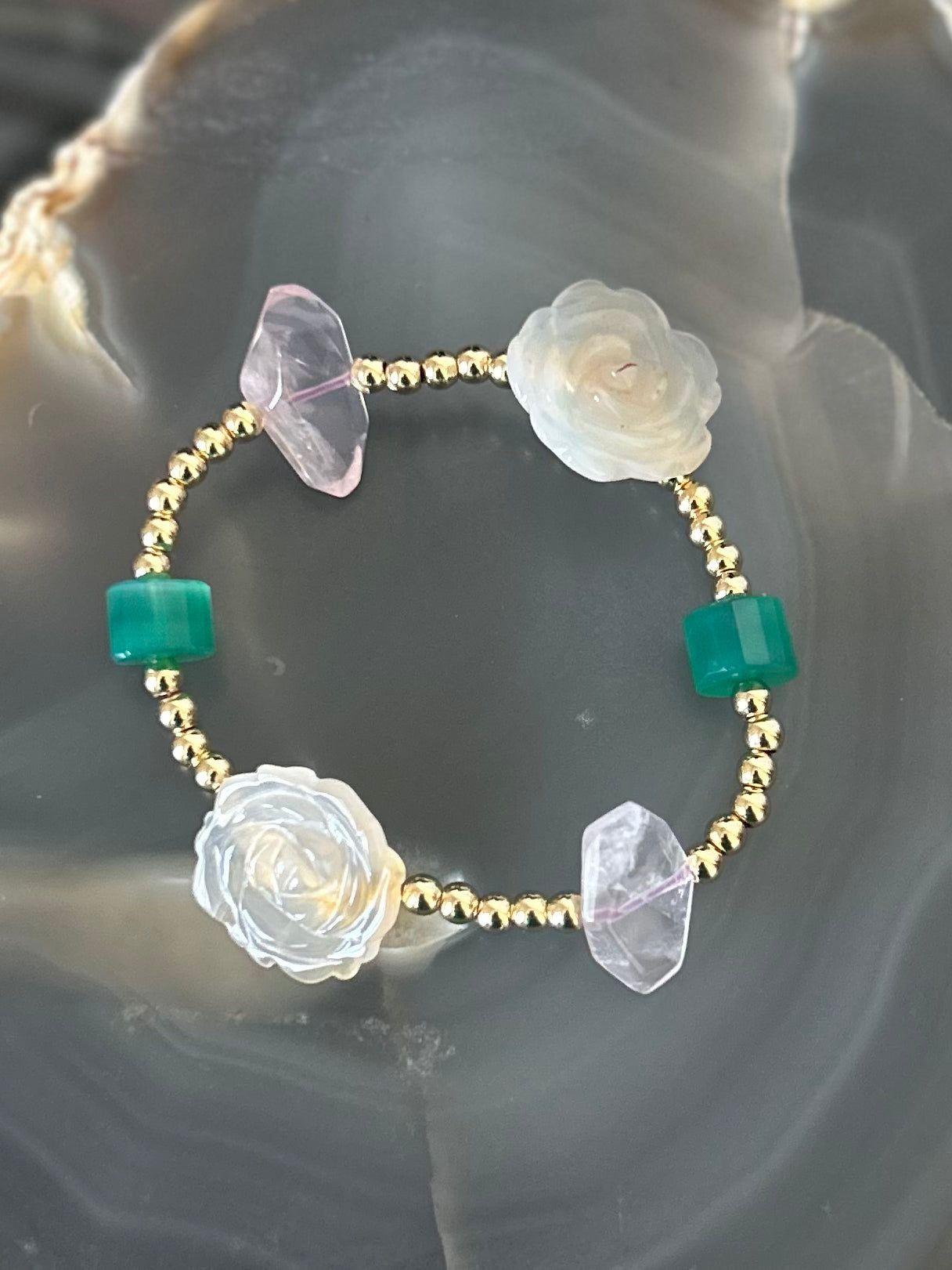 Rose Quartz, Green Onyx, Carved Agate flowers bracelet